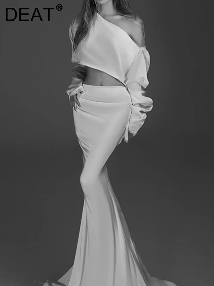

DEAT Women 2 Pcs Set Short Skew Collar Irregularity Pleated Top Waist Floor Length Fishtail Skirt Suit Spring 2024 New 13DB5075