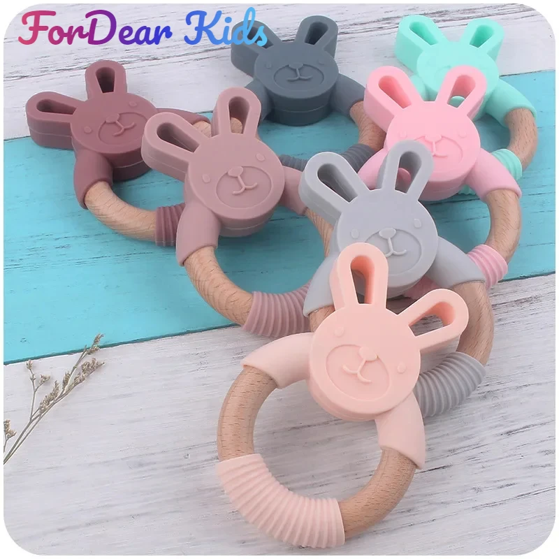 

Baby Silicone Teether Cartoon Rabbit Wooden Ring BPA Free Chewable Rattle Baby Teethers Teething Molar Toys Nursing Accessories