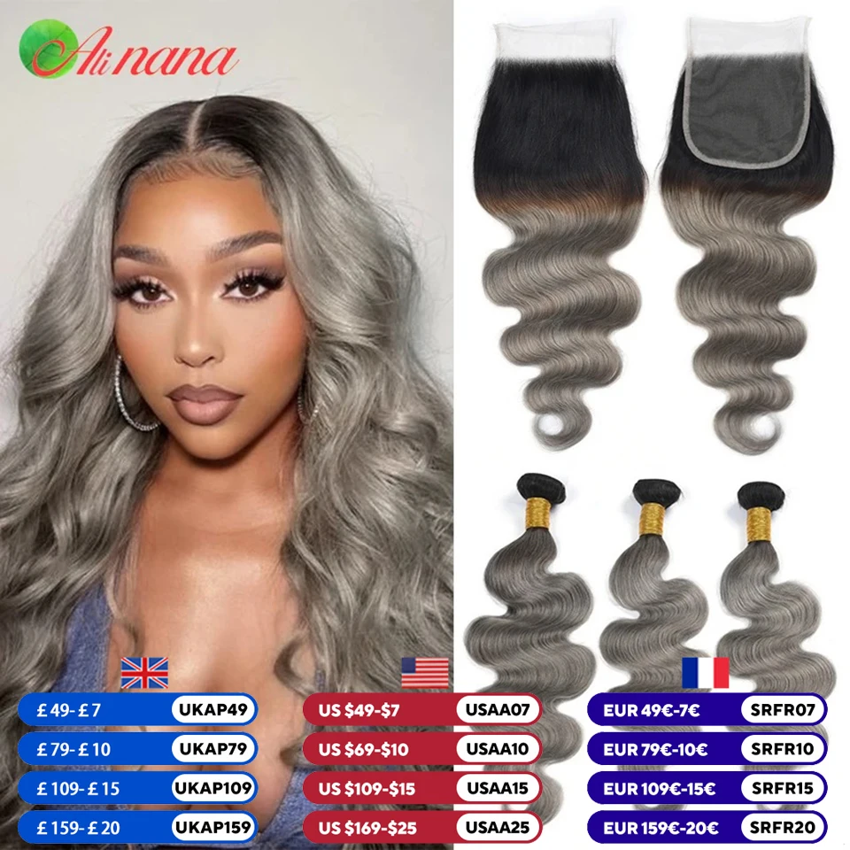 Ombre Gray Ash Blonde Colored Brazilian Weave 3 Bundles With Closure Body Wave Human Hair Weave Bundle With 5x5 Lace Closure