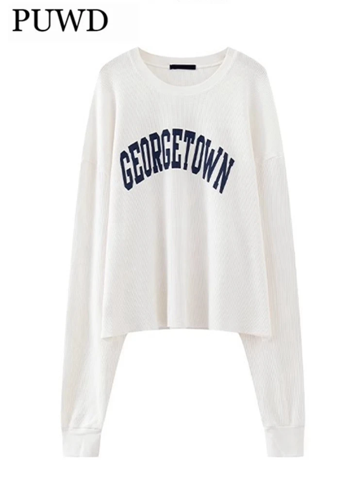 

PUWD Casual Women White O-Neck Long Sleeve Tees 2023 Autumn Ladies Fashion Letter Printing Tees Female Chic Short Loose Tops