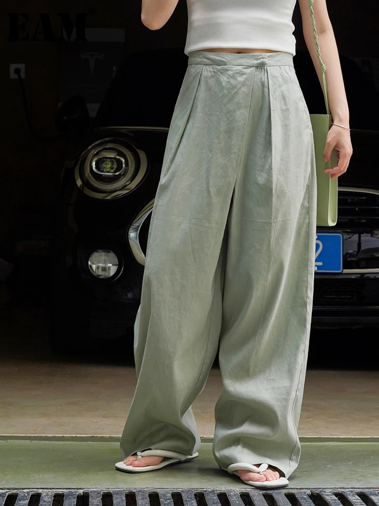 

[EAM] High Waist Green Irregular Pleated Long Wide Leg Pants New Loose Fit Trousers Women Fashion Spring Autumn 2024 1DF9891