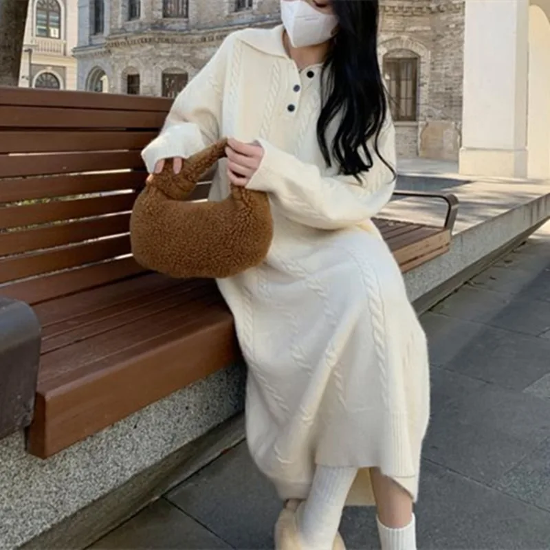 

New French style lazy style autumn and winter style design lapel loose Fried Dough Twists knitting dress for women