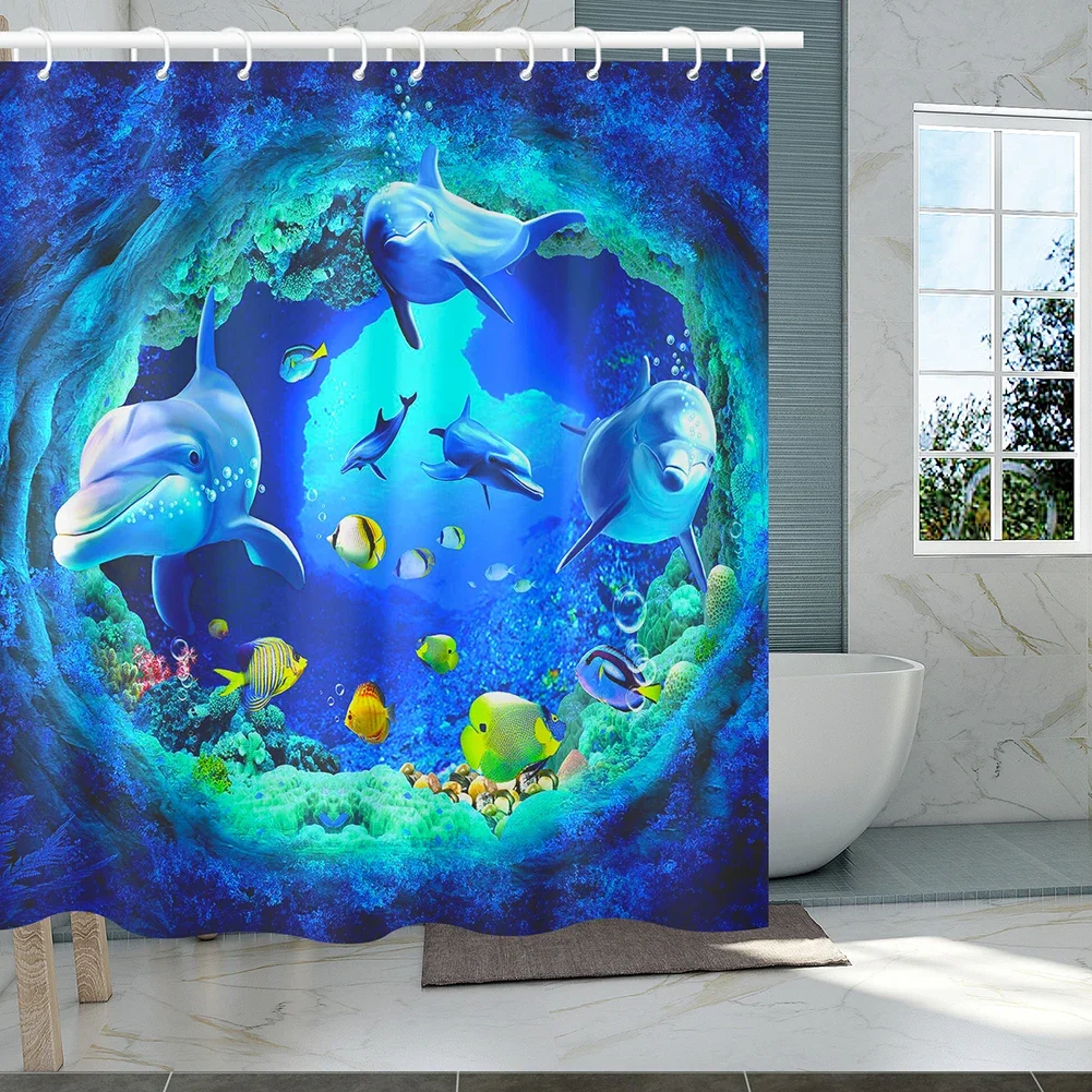 Dolphin Ocean Shower Curtain Sea Summer Beach Underwater Bath Screens Bath Shower Curtain with 12 Hooks for Bathroom Room