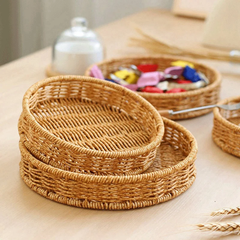 Round Rattan Fruit Basket Bowls Natural Wicker Boho Woven Storage Baskets Bread Tray for Kitchen Coffee Table Farmhouse 4