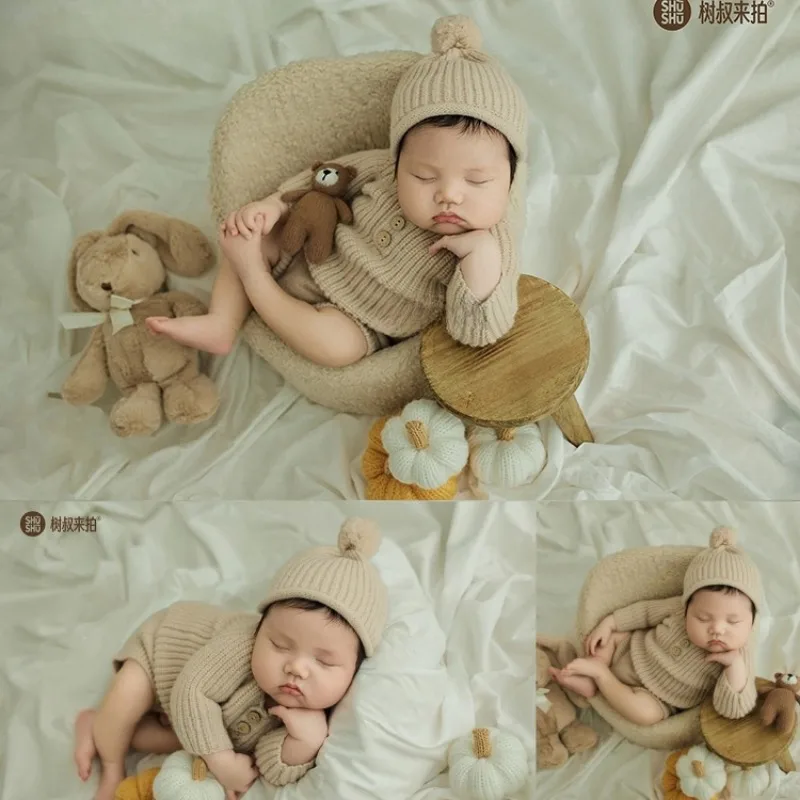 

Newborn Baby Photography Props Ins Style Knit Outfit Side Table Bunny Doll Pumpkins Theme Set Studio Shooting Photo Props