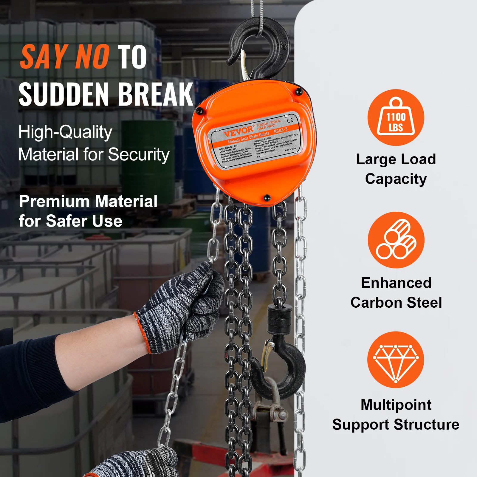 Manual Hand Chain Hoist VEVOR 1/2/3T Manual Hand Chain Hoist G80 Galvanized Carbon Steel with Double-Pawl Brake Auto Chain Leading 360&deg; Rotation Hook