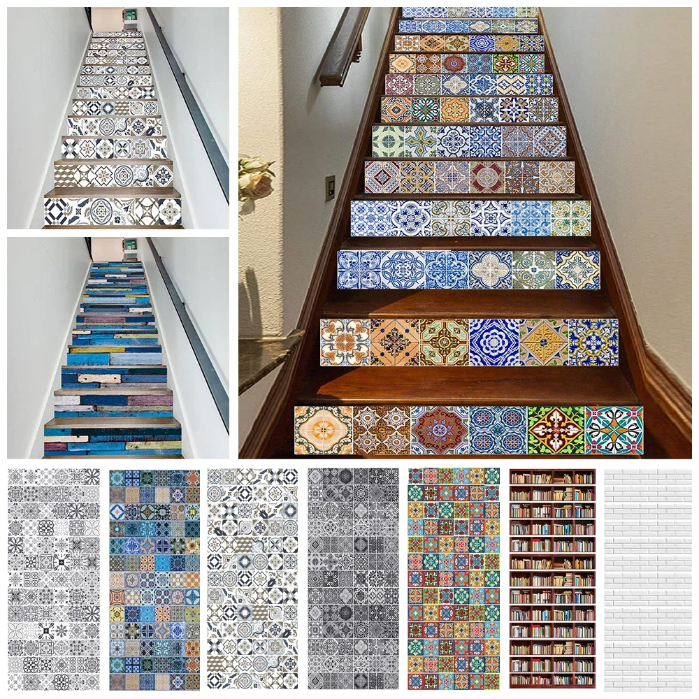 Retro Tile Geometric Stair Stickers Self Adhesive PVC Removable Floor Stairway Cover Art Staircase Decal Stairs Mural 6pcs/13pcs