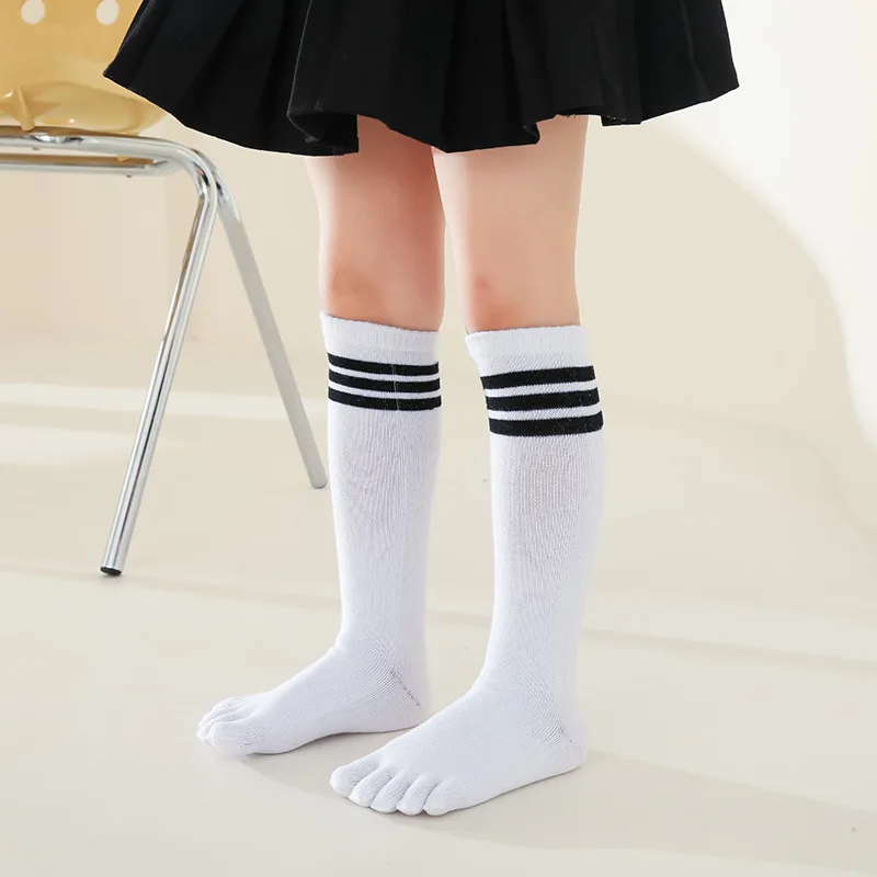 5 Pairs Kids Calf Socks with Toes Pure Cotton Warm Sport Long Black White Striped 5 Finger Stockings Baby Boys Girls Fashions