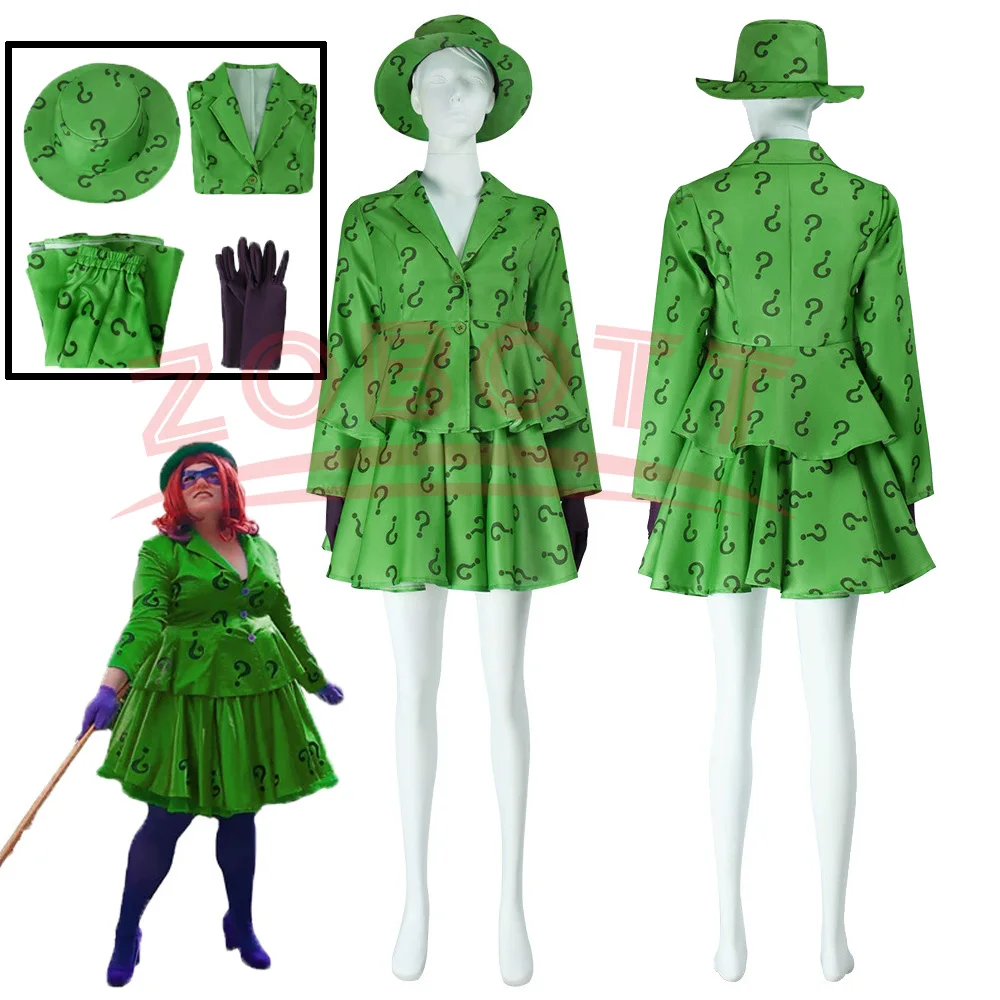 Green Riddler Hat Anime Riddler Cosplay Costume Gotham Green Coat Skirt Carnival ...