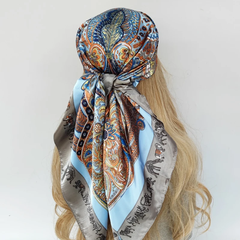 New 90*90cm Retro Brand Women Silk Scarf Bandanna Fashion Bohemian Pattern Square Hijab Lady Wrap Headband foulard muffler 1