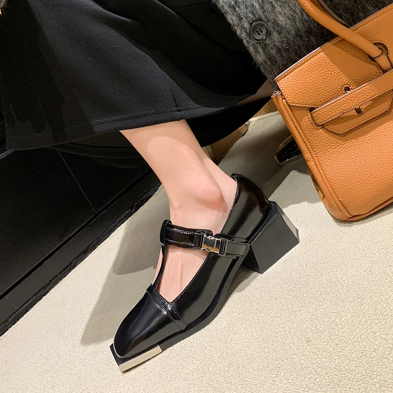 

2023 new women pumps natural leather 22-25cm length cowhide+pigskin full leather Square head T-Buckle Square heel ladies shoes