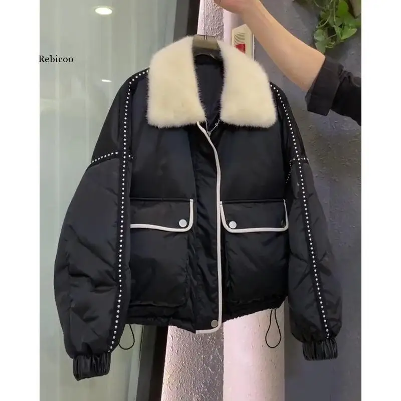 

Зимние женские парки с кашемировым воротником, свободные укороченные пуховики с отворотами и карманами, толстая парка большого размера