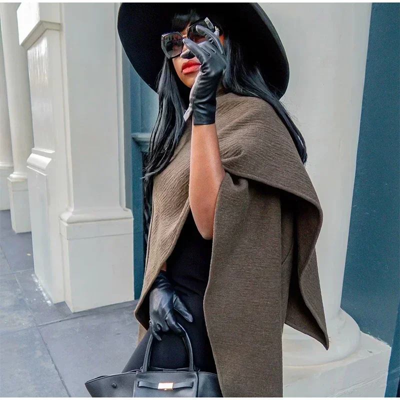 Elegant Irregular Cloak Coat Women Solid Half Sleeve O Neck Scarf Loose Female Jacket 2025 Winter Lady Thick Chic Overcoat New