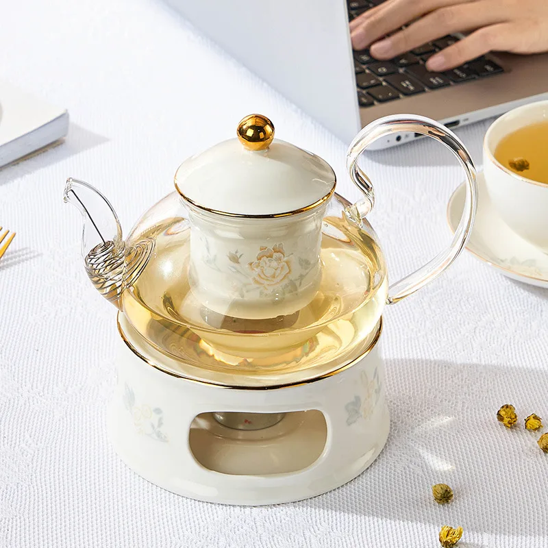 Ceramic Tea Set with Glass Teapot, Candle Warmer, Infuser, Ideal for Blooming and Loose Leaf Tea, High Quality
