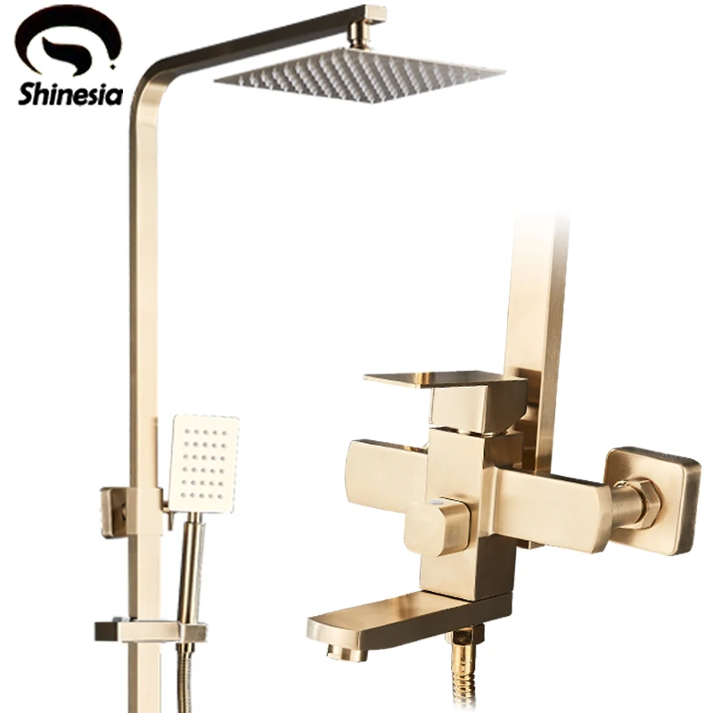 Shinesia Brushed Gold Rainfall Shower System Set Tropical Shower Mixer Faucet Tap For Bathroom
