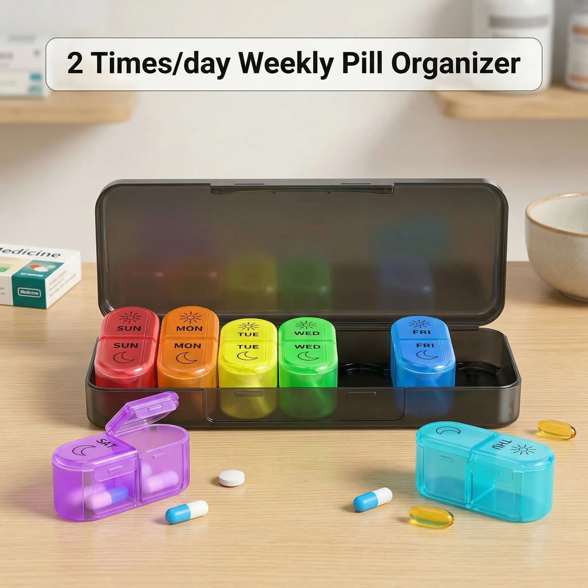 Weekly AM & PM Travel Pill Organizer for Vitamins and Supplements