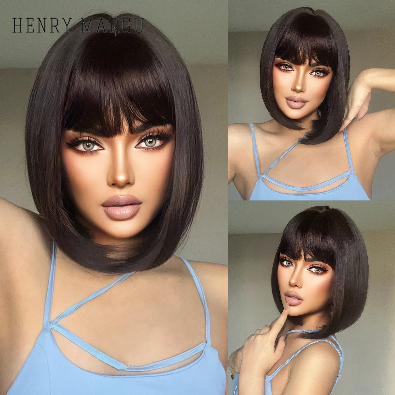 HENRY MARGU Short Straight Bob Synthetic Wigs Black Brown with Bangs for Women Daily Lolita Natural Wigs Heat Resistant Fiber henry margu pink ombre water wave wigs synthetic natural wigs with bangs cosplay lolita hair wig for black women heat resistant