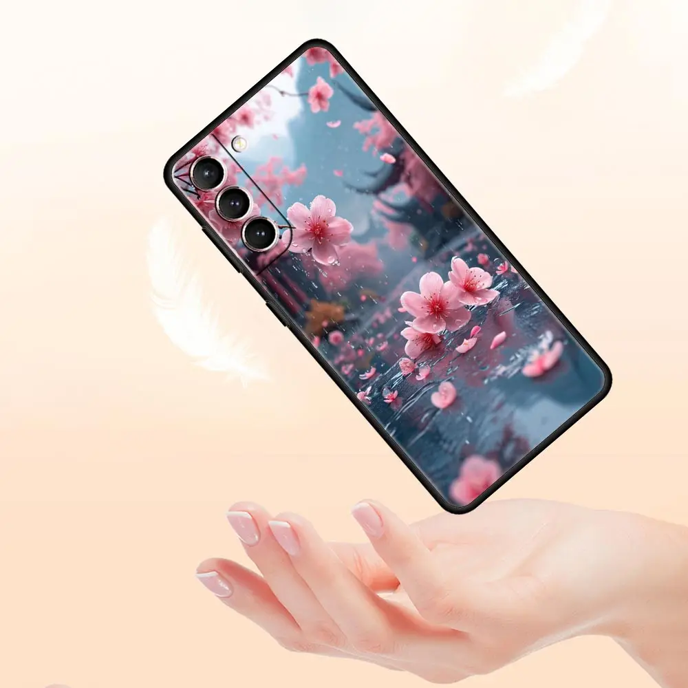 Pink Spring Cherry Blossoms Black Soft Phone Case Cover