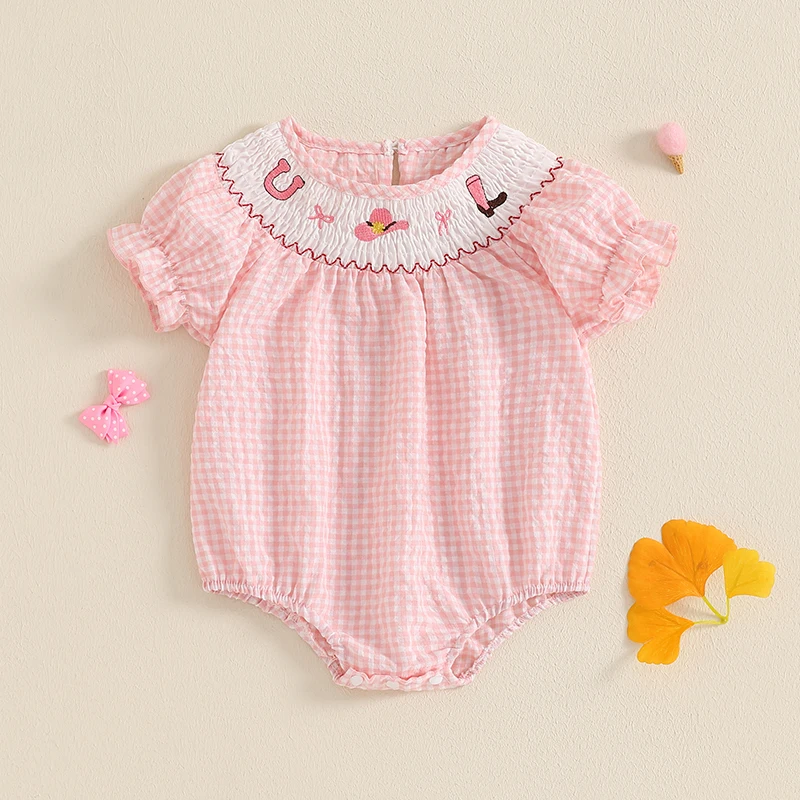 Toddler Baby Girl Clothes Summer Smocked Romper Bow Embroidery Bubble Short Sleeve Cute Bodysuit Outfits 2