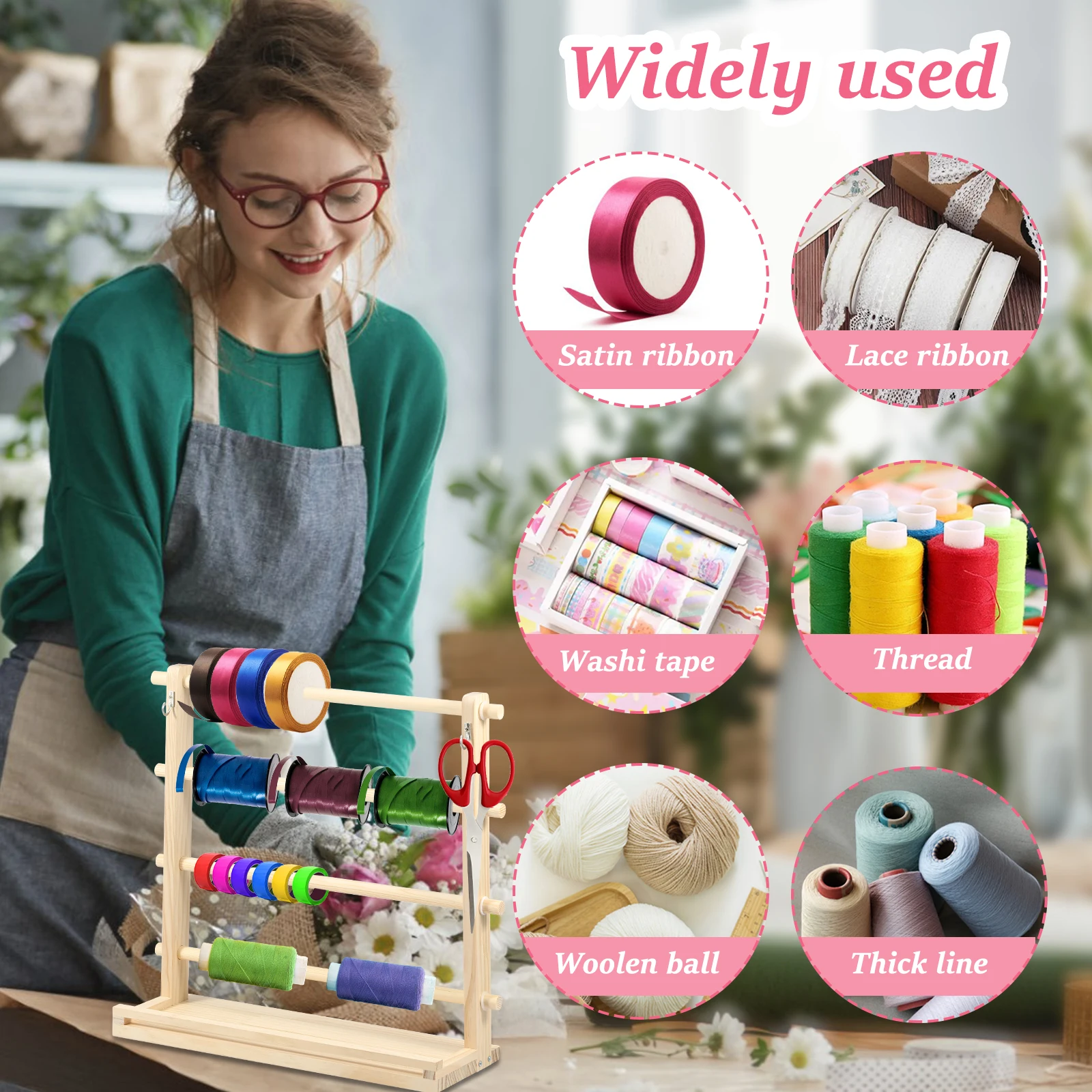 Organisateur De Ruban En Bois 4 étages - Rangement Pratique Pour Rubans, Fils Et Bobines - Idéal Couture & Artisanat