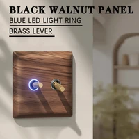 Antique Walnut Wood Panel1-4 Gang Wall Switch Socket Embedded EU/Ru Power Outlet Retro Brass Toggle Switch86x86mm Blue LED Light 1