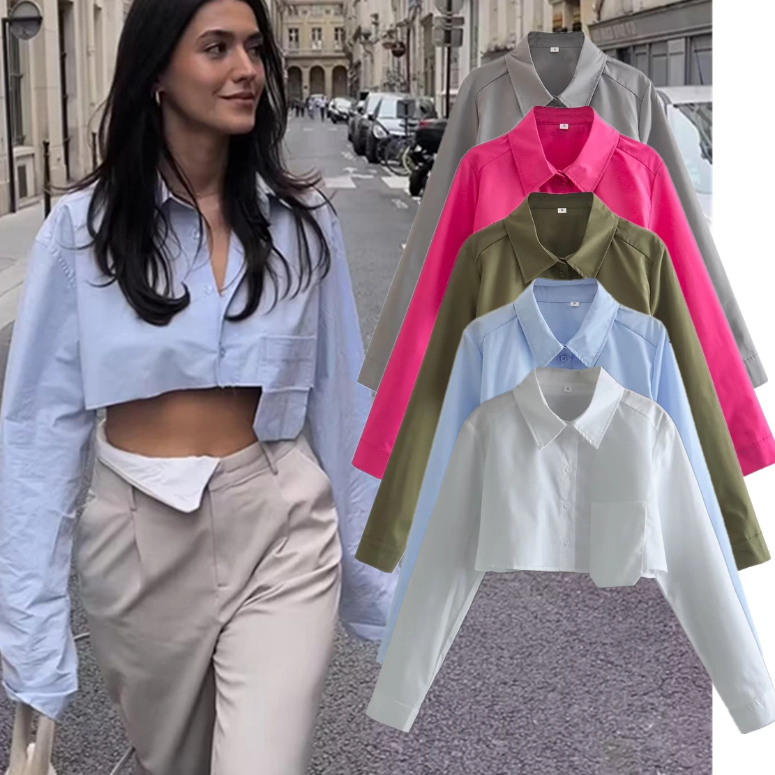 

Withered Fashion High Street Blouse Women Ins Blogger Pockets Short Shirt