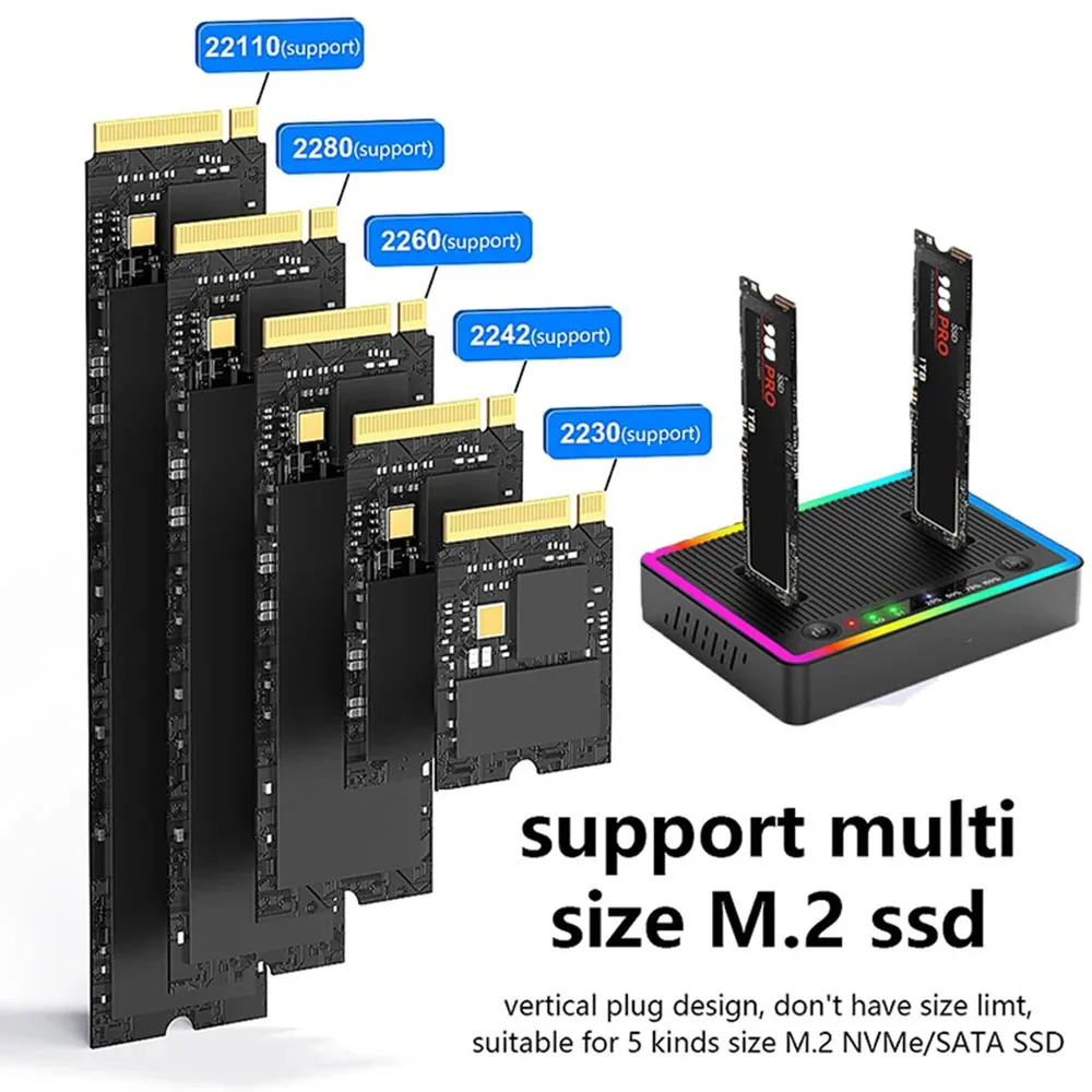Kebidumei M.2 NVMe/SATA 듀얼베이 하드 드라이브 베이스 오프라인 클론 10Gbps M2 SSD 복제기 USB3.2 GEN2 SSD 어댑터 인클로저 (PC용)