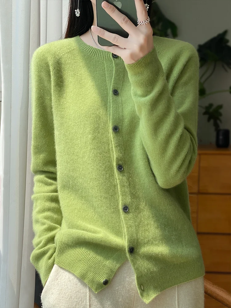 100% 메리노 스웨터 여성용, 캐시미어 가디건, 단색 상의, 가을 및 겨울