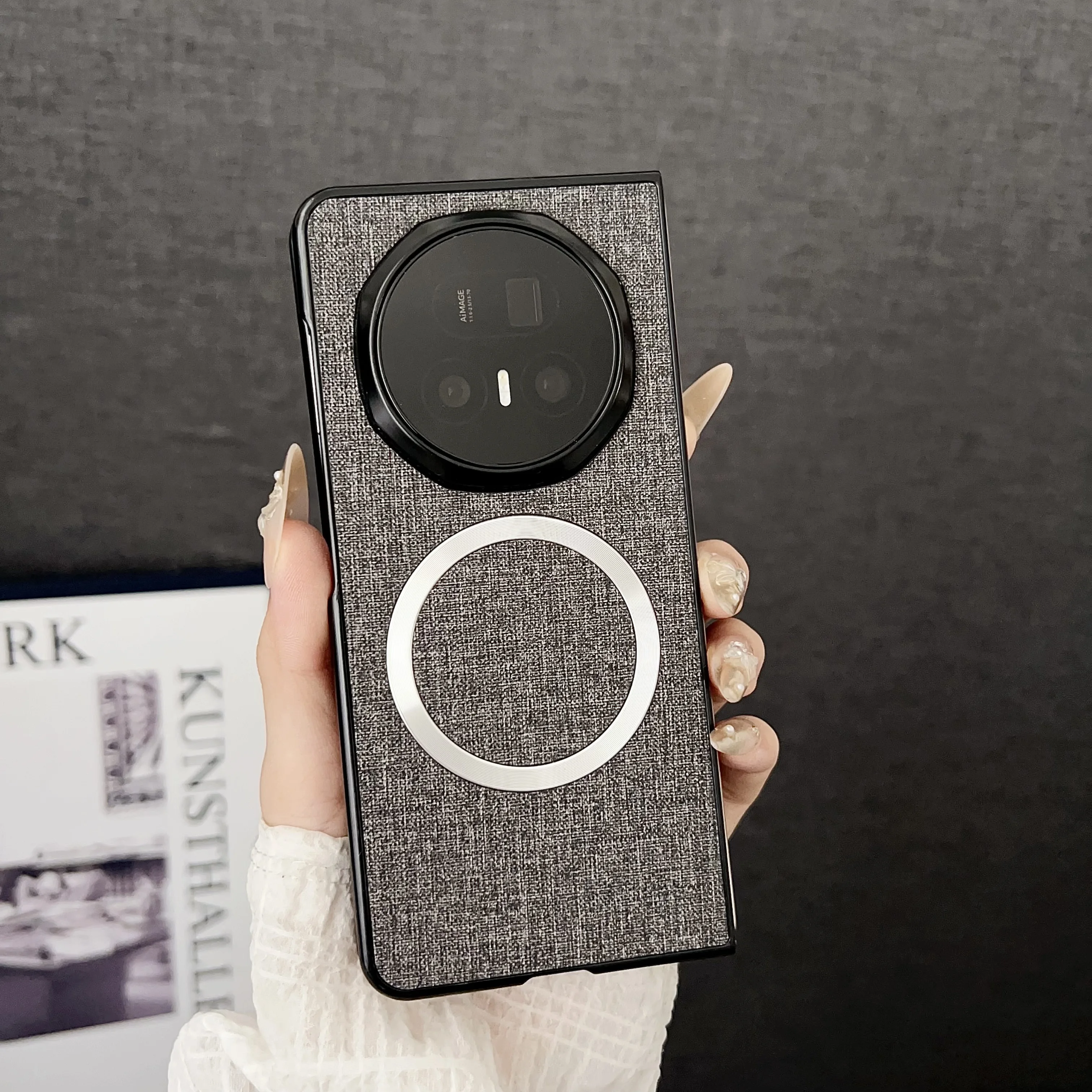 Luxury PU Cloth Magnetic Wireless Charging Protective Back Cover Case for Huawei Honor Magic V5
