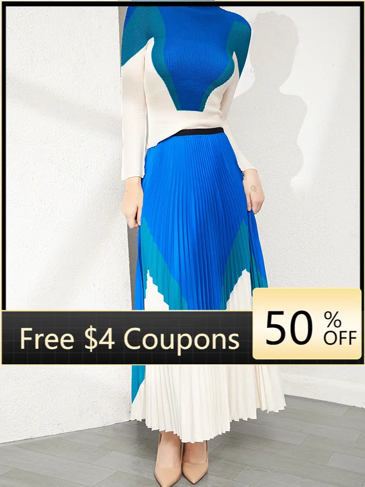 

Miyake pleated print fashion suit women's autumn new temperament long-sleeved top and skirt two-piece set