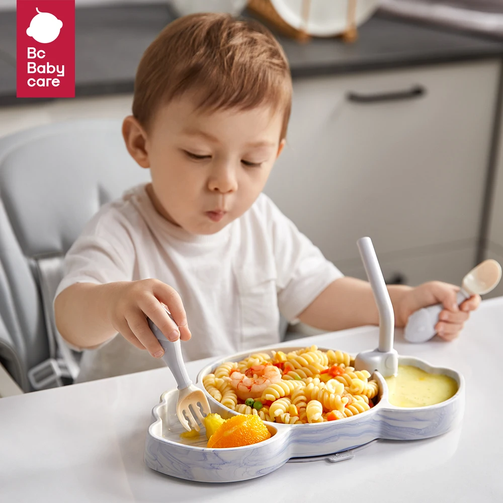 

Bc Babycare Silicone Baby Suction Plate with Spoon Fork and Straw Toddler Self Feeding Training Divided Plates Set Microwave