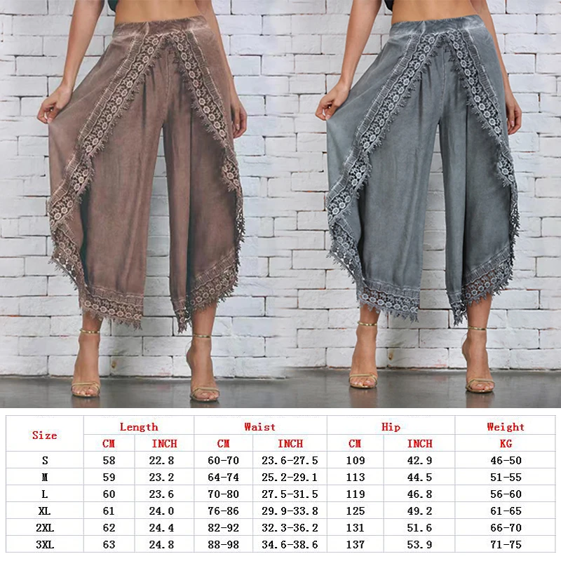 Women Pants 2023 Casual Elastic Waist Pleated Vintage Lace Ladies Wide Leg Trousers Streetwear Femme Loose Pants