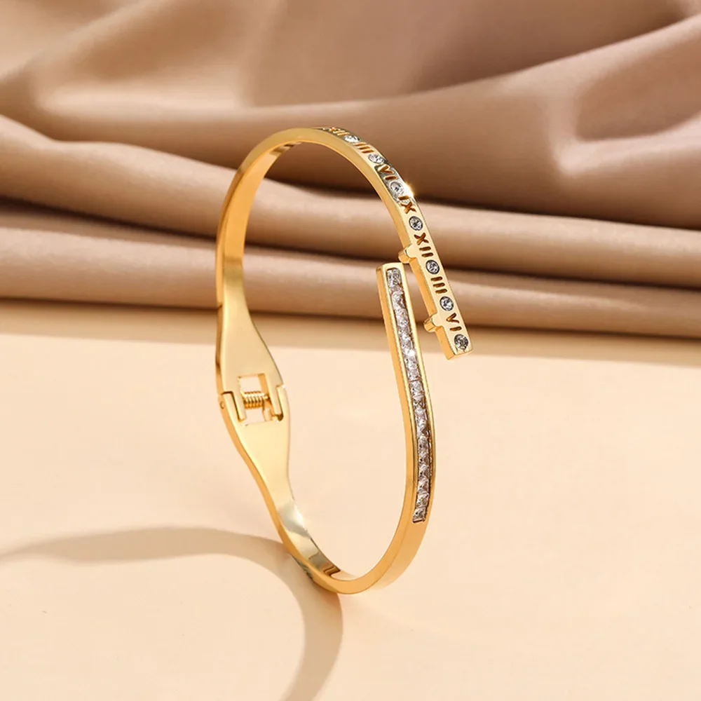 

Gold Color Open Adjustable Cuff Bracelets for Women Roman Numerals with CZ Design Women Bangles Wholesale Jewelry