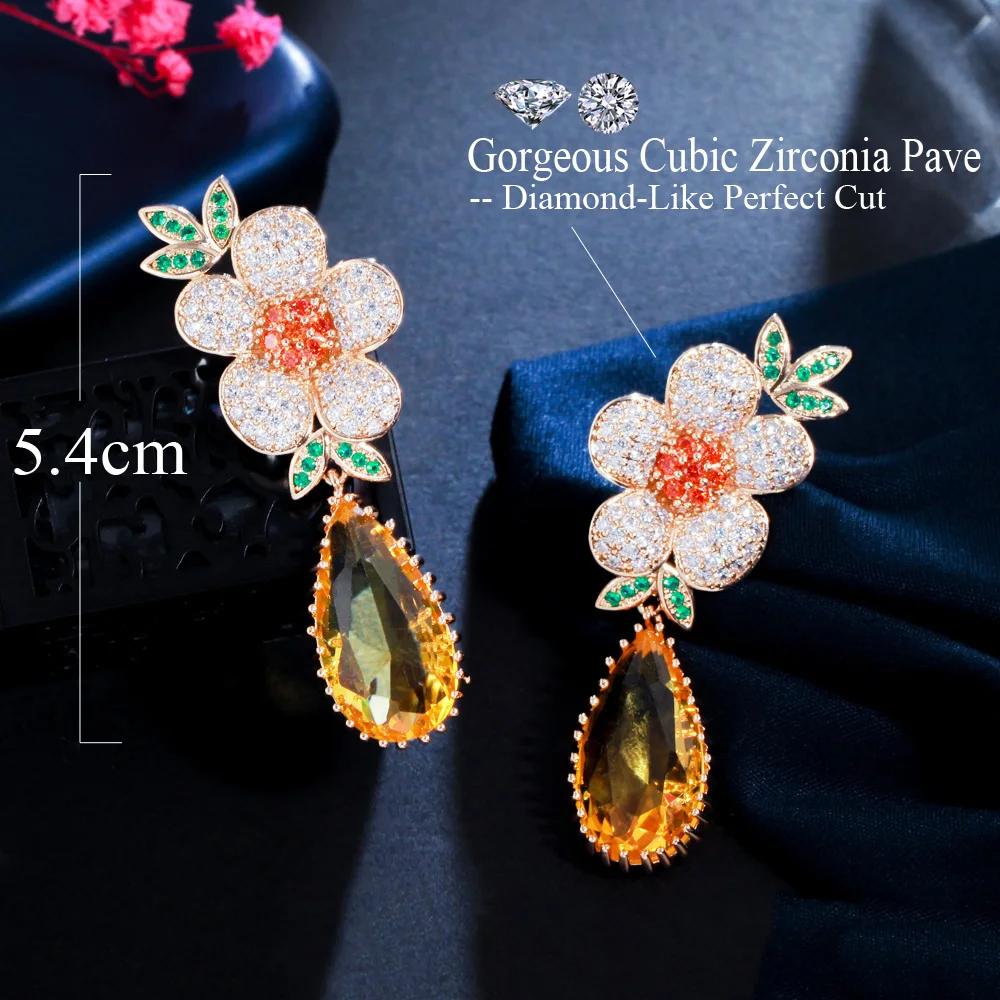 ThreeGraces Exquisite Yellow Cubic Zirconia Stone Flower Shape Long Drop Earrings for Women Luxury Bridal Party Jewelry E1439