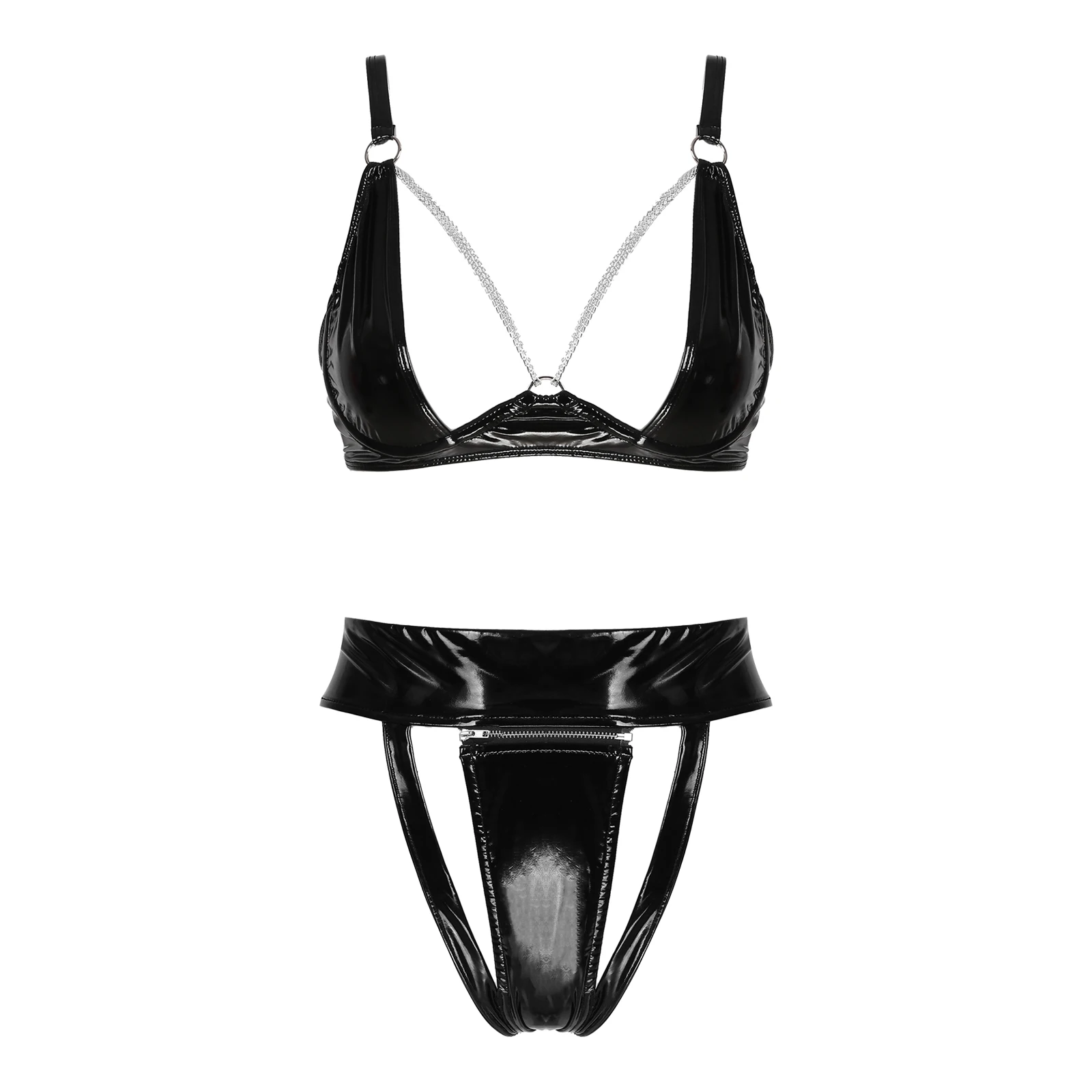 Womens Cupless Faux Leather Wetlook Open Breast Bra Cop Top Briefs Lingerie  Set