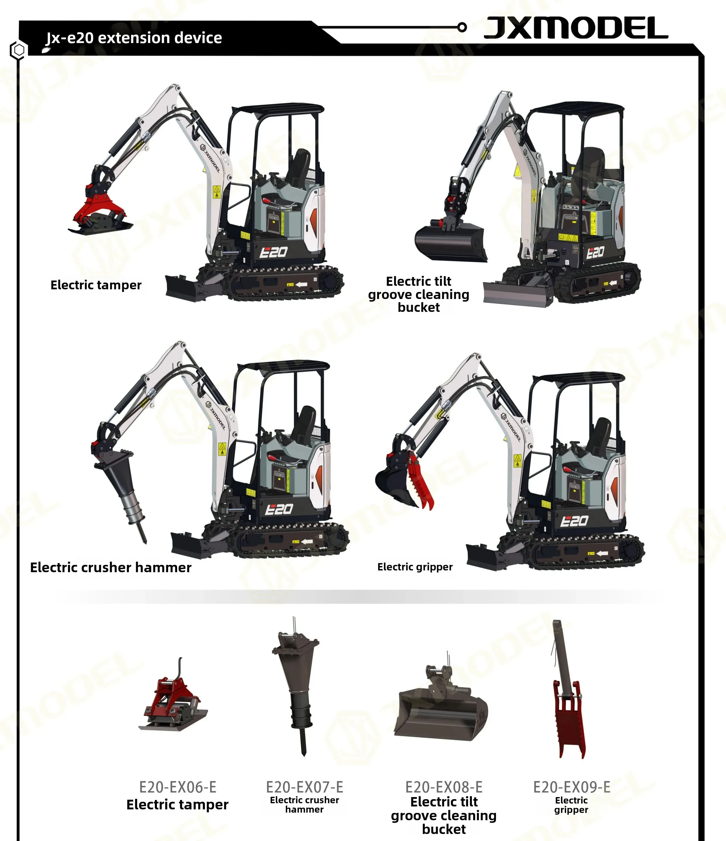 NEUES JX-E20 Upgrade-Zubehör – JXmodel Mikrobagger, Schnellspanner, elektrischer Griff, Grabenreinigungseimer, Stampfer – Detail 1