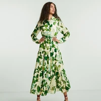 CHCH Women's Dress 2025 Spring New Long Sleeve Collar Green Flower Vacation - Image 3