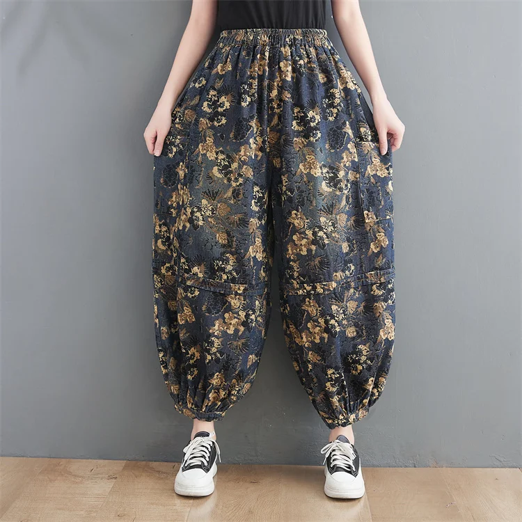 buckle jeans Women Vintage Denim Wide Leg Pant Elastic Waist Loose Spring Jeans Korean Fashion Floral Print Pockets Cropped Pants Pantalones women's clothing stores