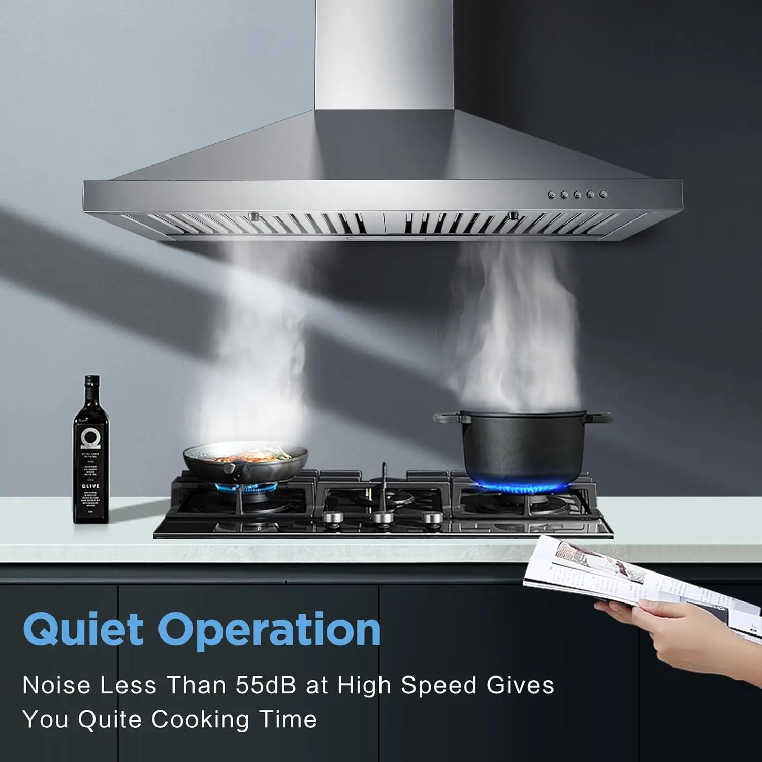 24 Inch Range Hood, Wall Mount Vent Hood in Stainless Steel with Ducted/Ductless Convertible Duct, 3 Speed Exhaust Fan, Energy