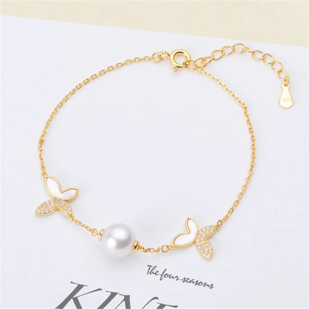 

DIY Pearl Accessories S925 Sterling Silver Bracelet Empty Holder Butterfly Jade Bracelet Holder Women's Fit 7-9mm Beads S091