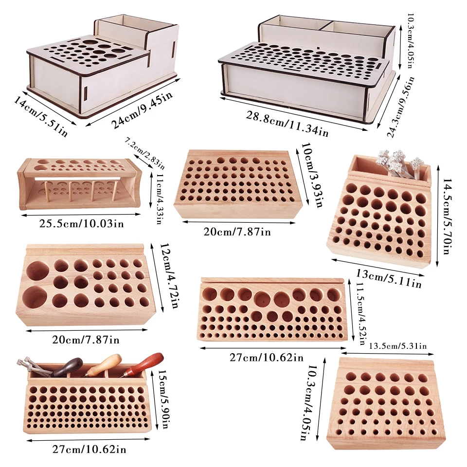 Description Picture 3 of itemCarving Punching Tools Holder Organizer 46/98 holes Pine Wooden Leather craft Rack Stand Storage Box Storing Leather Tool DIY