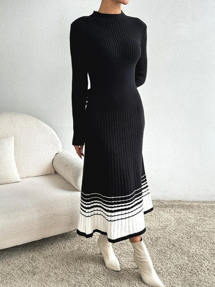 Wmstar Dress Women Wholesale Black White Striped Pleated Skirts Sweaters Long Skirts Cross Border Bestsellers One Piece 2025