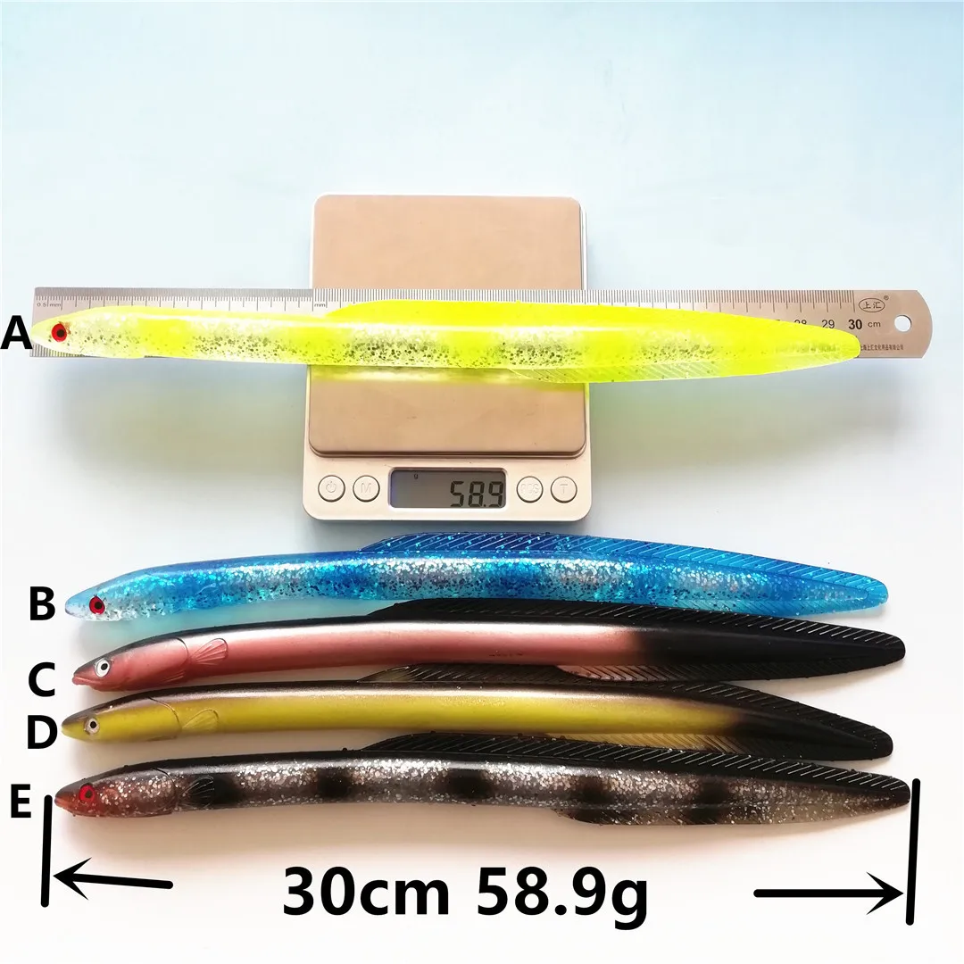 

5pcs 30cm 58g Fishing Soft Plastic Lure Swimbaits Sand Eel Silicone Bait 3D Eyes Bass Catfish Freshwater Saltwater