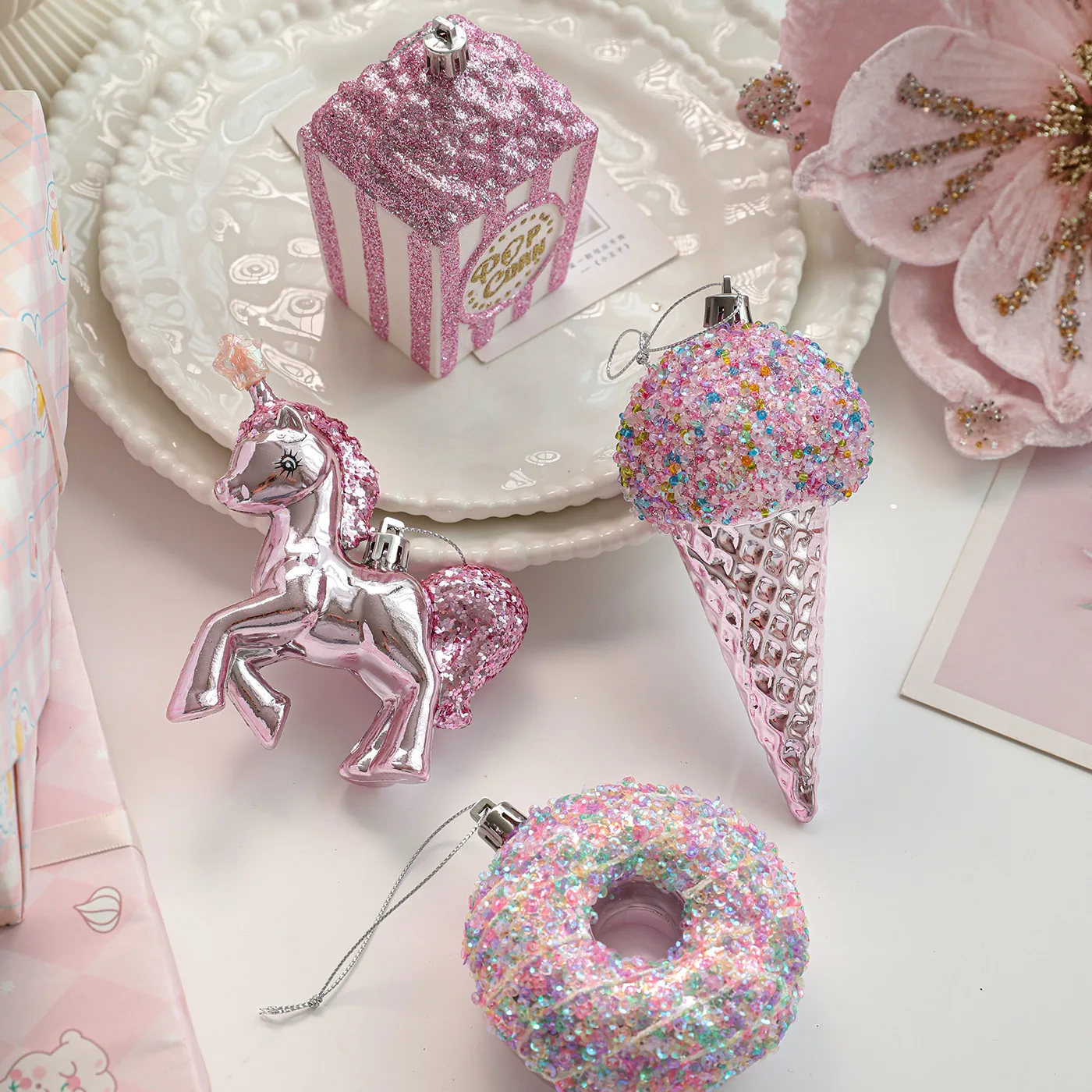 Cute Christmas Ice Cream Pendant Foam DIY Lollipop Pony Ornaments Pink Elegant Christmas Tree Hanging Decoration Party Favors