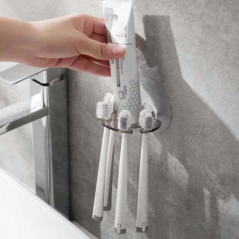 Toothbrush Holder Toothpaste Dispenser Self Adhesive Wall Mounted No Drilling Razor Storage Rack Bathroom Accessories