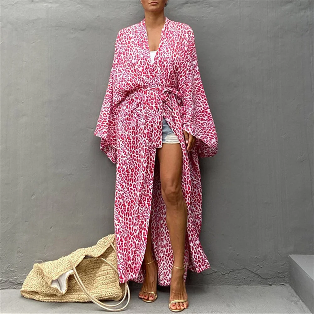 bathing suit dress cover ups 2022 Bohemian Print White Beach Bikini Cover Up Dress Tunic Long Pareos Bikinis Elegant Self Belted Kimono Robe Plage Beachwear mesh bathing suit cover up