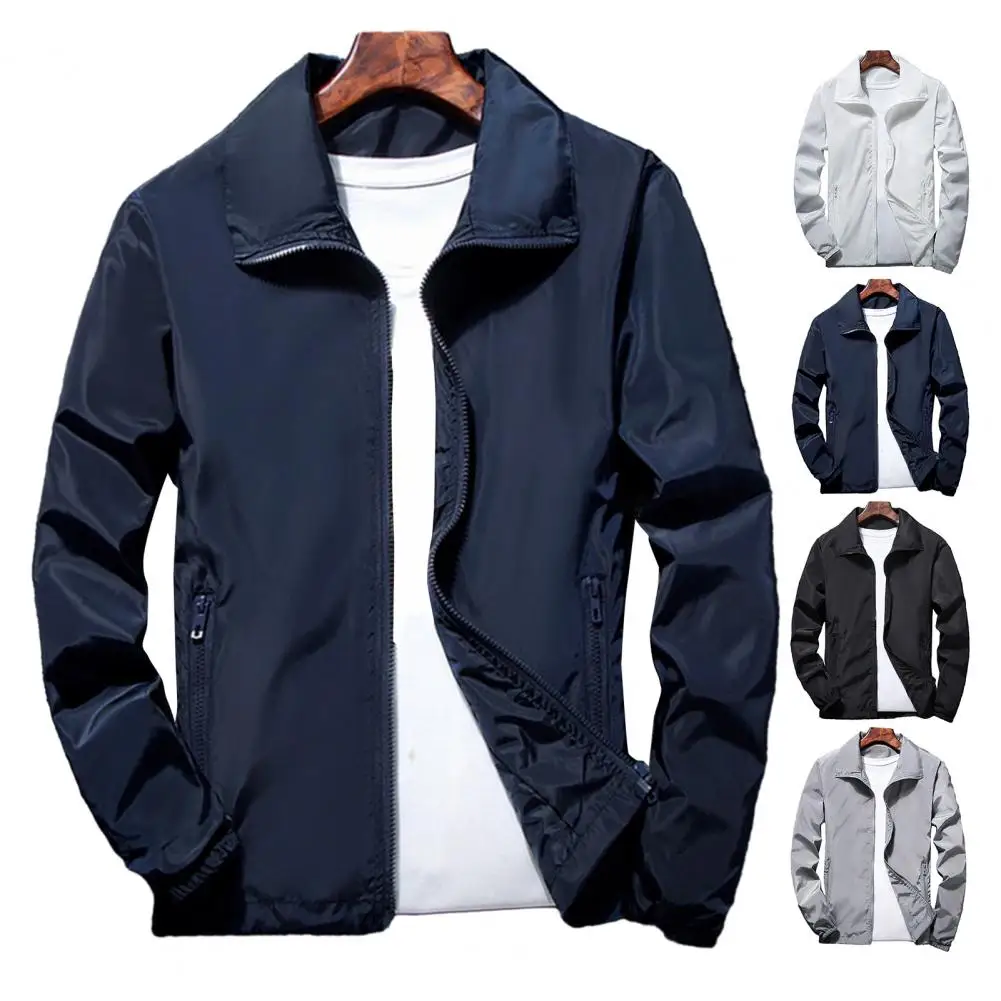 

Мужская Уличная ветровка с отложным воротником, однотонная куртка с длинным рукавом, на молнии, с карманами, на весну