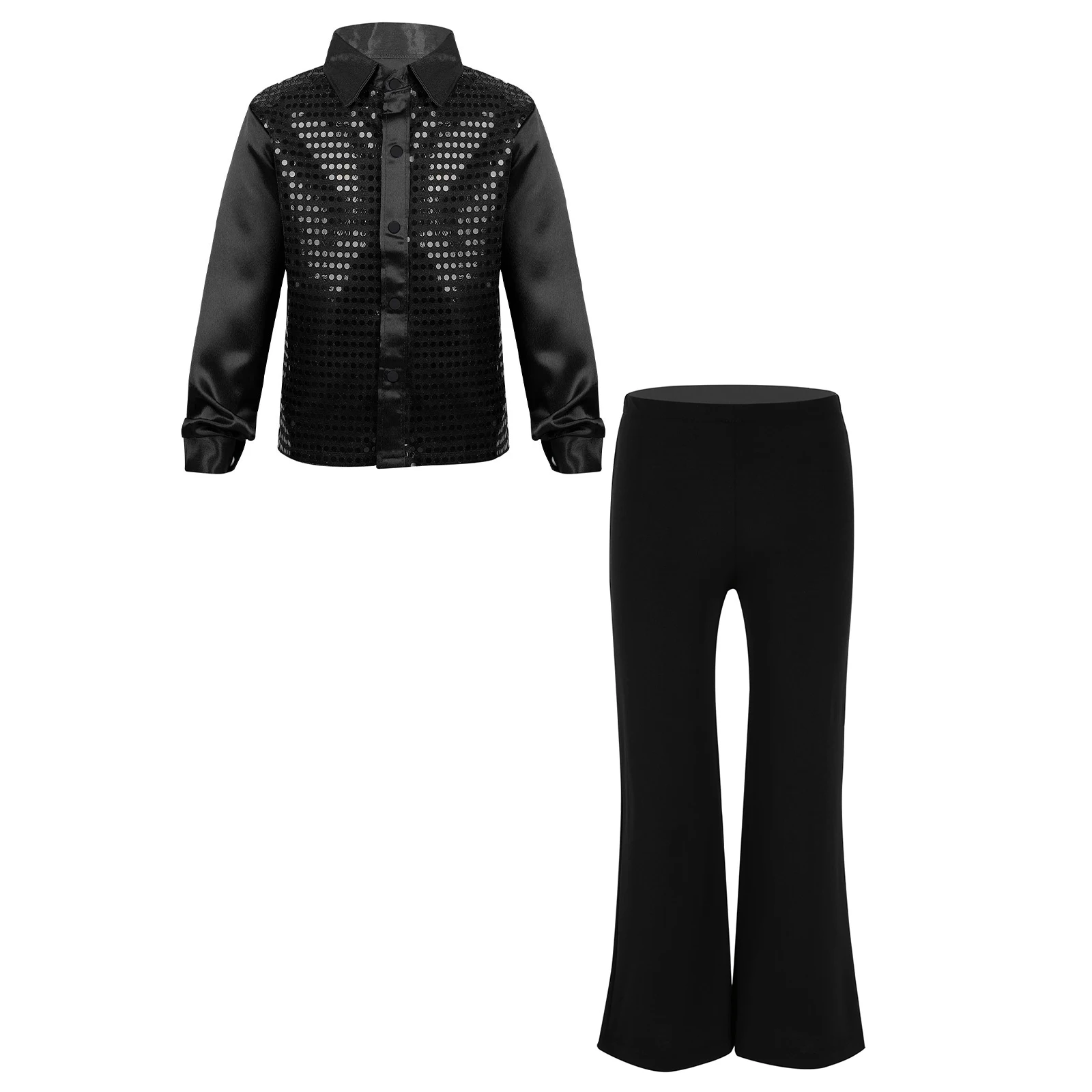 Kinder-Jungen-Jazz-Tanz-Bühnenoutfits, Hip-Hop-Kostüm, langärmliges, glitzerndes Paillettenhemd mit Knöpfen und Hose – Detail 31