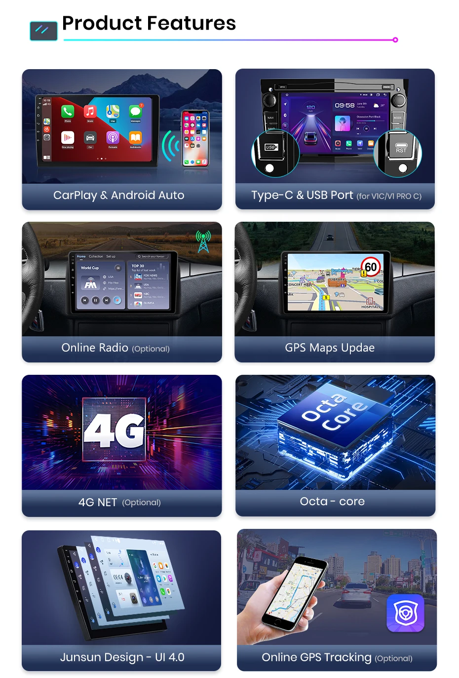 Junsun 7 Zoll Universal Autoradio für Opel Astra H J Vectra Vauxhall Antara Zafira Corsa C D Vivaro Meriva CarPlay Android Auto Multimedia Typ-C Optionaler Kühlventilator GPS SWC BT FM RDS DSP IPS Bildschirm Auto Intelligente Systeme KI-Sprachsteuerung 4G WiFi 8-Kern – Detail 3
