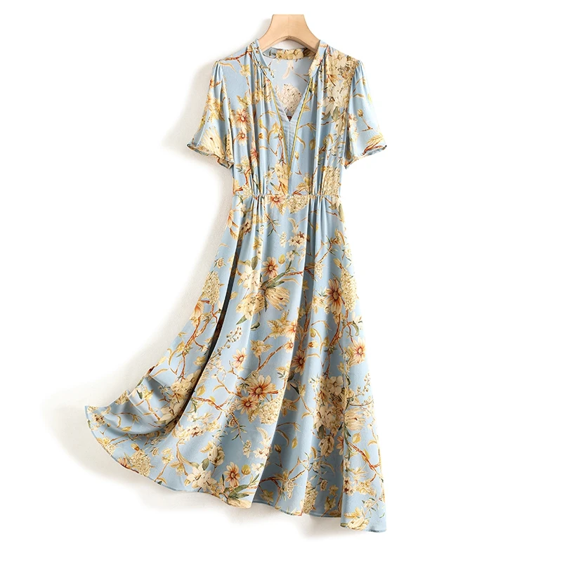 日本全国へ全品配達料金無料 女性用シルクドレス プリント Vネック エレガント フランスのファッション レジャー用 夏 トレンド22 正規取扱店 Www Carnavalkids Com